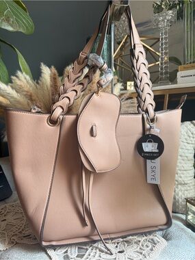 NWT Malibu Skye Blush Vegan Leather Braided Handle Tote & Pouch 2-Piece Set